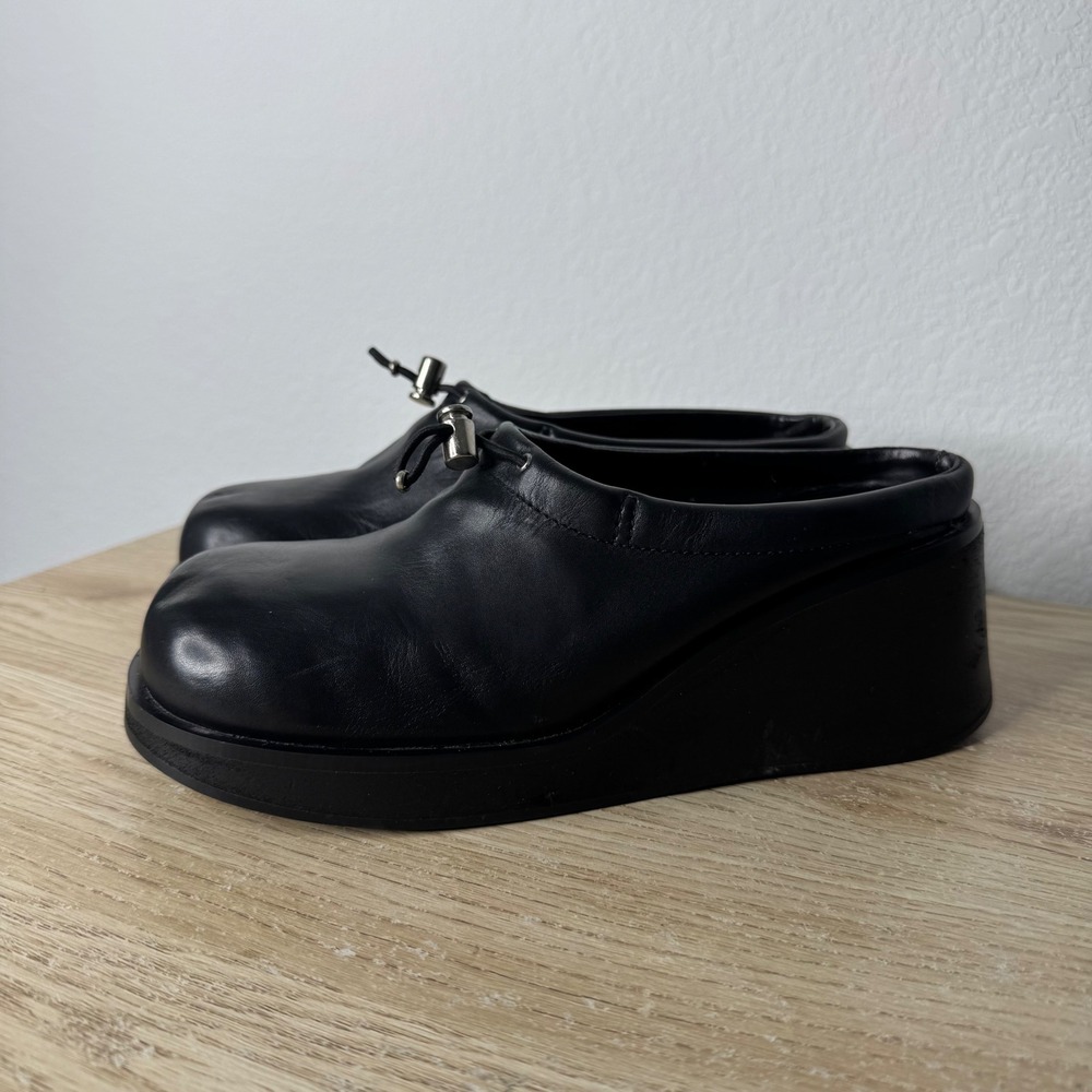 Prima Royale Vintage 90s Black Leather Platform Mules Toggle Wedge Shoes Size 8M